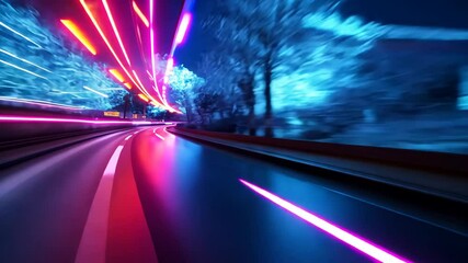 Poster - Neon lights speeding through urban highway at night with motion blur