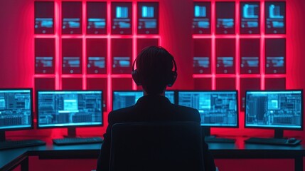 Poster - Focused Individual in Headset Monitors Multiple Computer Screens in Red Ambient Lighting