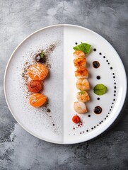 Poster - Exquisite seafood dish featuring salmon and shrimp arranged artistically on a divided plate. Generative AI