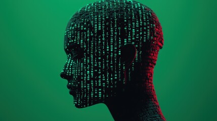 Poster - Abstract portrait of a faceless mannequin with digital binary code against a neon green background