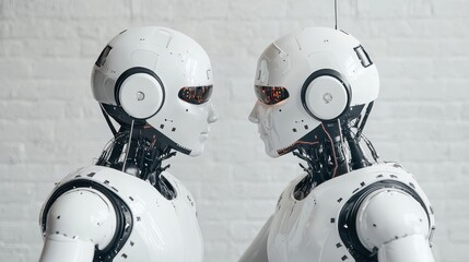 Poster - Futuristic humanoid robots facing each other in a modern, minimalist setting with white textured background