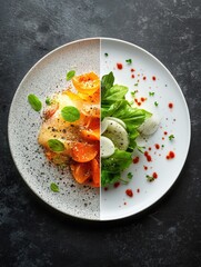 Aufkleber - Dinner of fresh salad and pasta with vibrant colors presented beautifully on stylish plates at an elegant restaurant setting. Generative AI