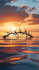 Poster - Silhouette of thorny branch in calm ocean against vibrant sunset with orange clouds. Nature's resilience and serenity concept