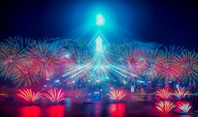 Poster - Hong Kong night view with vibrant fireworks illuminating the sky, symbolizing business growth and a conceptual journey of growing up.