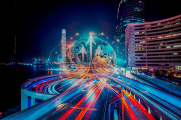 Aufkleber - Hong Kong cityscape at night with light trails and a globe with upward arrows, representing business growth and global concepts.