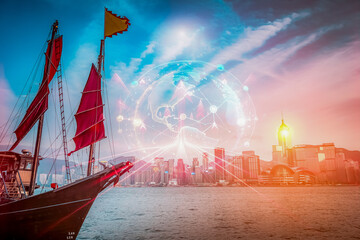 Aufkleber - A junk boat sails in Hong Kong with a futuristic globe overlaying the cityscape. This image evokes a concept of business and growing up in a modern era.