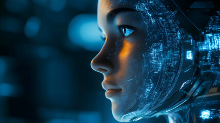 A detailed close-up of a futuristic robot face, showcasing advanced technology and intricate designs.