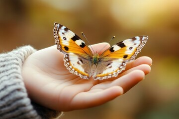 Wall Mural - A delicate butterfly resting on a child hand, with its colorful wings glowing softly in the sunlight