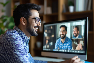 Poster - man is smiling at a computer screen with two other men on the screen. The man is wearing glasses and a blue shirt