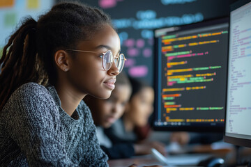 Poster - young woman wearing glasses is looking at a computer screen. She is focused on the screen and she is working on a project. Concept of concentration and determination as the woman works on her task