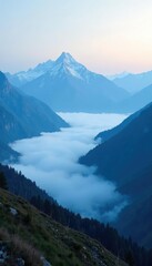 Wall Mural - dense fog covering the mountain peaks and valleys in the morning scenery, nature, mountains, cold