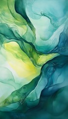 Poster - Abstract artwork features swirling translucent green blue and yellow hues