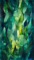 Poster - Abstract vertical composition of cascading green and blue shapes