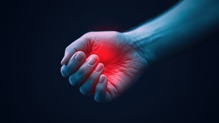 Poster - Human Hand Reaching Out with Glowing Red Light Illuminating Palm Against Dark Background