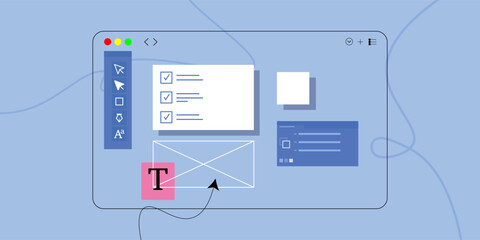 Web UI-UX design, web development concept. Web design, application design, coding, and web building on blue background. modern vector illustration eps 10