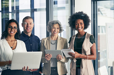 Poster - Business notebook, portrait and technology with teamwork for submission workflow and author support. Creative collaboration, people and happy for planning book project or editing at publishing agency