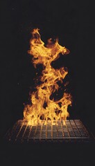Poster - Intense flames rising from a metallic barbecue grill surface
