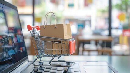 Product package boxes in cart with shopping bag and laptop computer with blurred web store shop on screen for online shopping and delivery concept