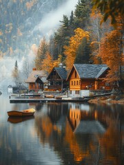 Fototapete - Colorful autumn reflections on a serene lake with charming wooden cabins in the foreground and misty mountains in the background. Generative AI