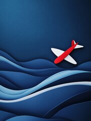 Poster - Colorful paper airplane flying over stylized ocean waves at twilight. Generative AI