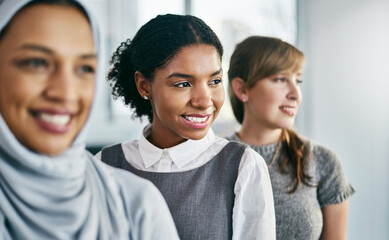 Poster - Business people, diversity and staff row in office, team building and collaboration at finance firm. Company drive, professional group and line for partnership in workplace, team and support pride