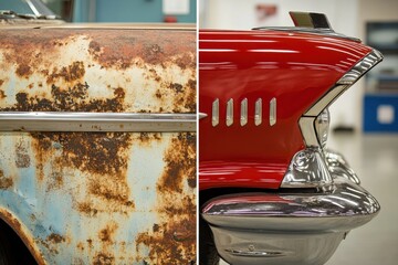 Poster - Classic car transformation showcasing rustiness on the left and stunning restoration on the right within a garage environment. Generative AI