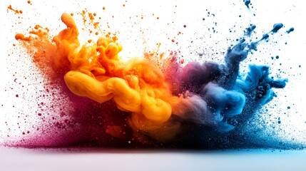 Poster - Vibrant explosion of colored powders in orange, blue, and purple blending together. Abstract art and creativity concept