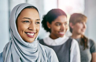 Poster - Employees, diversity and team row in office, muslim leadership and collaboration at firm. Company drive, professional group and line for brainstorming together in workplace, partnership and unity