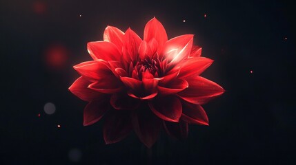 Poster - Vibrant red dahlia flower in soft focus against dark background, glowing petals. Nature beauty and serenity concept