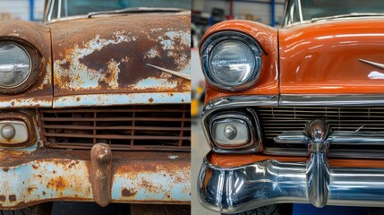 Poster - Classic car transformation showcases stunning restoration from rust to shine over time. Generative AI