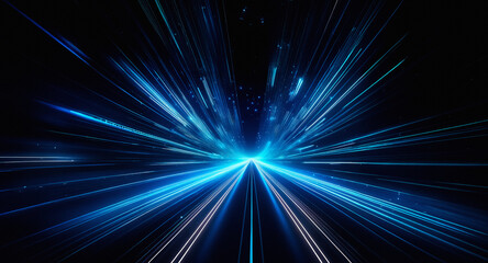Poster - Abstract blue light streaks converge to a central point on a dark backdrop, creating a sense of motion and depth in a digital space.
