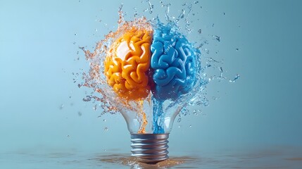 Poster - light bulb idea, water splash in water, light bulb and water, human brain, human brain with light bulb, light bulb with water drops, 8k image