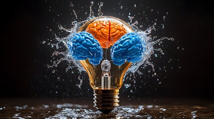 Poster - light bulb idea, water splash in water, light bulb and water, human brain, human brain with light bulb, light bulb with water drops, 8k image