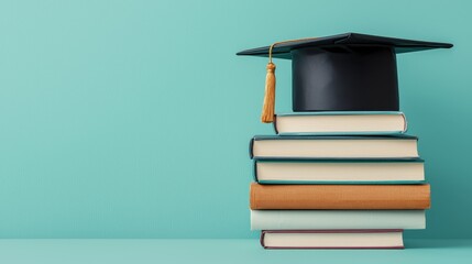 Poster - Graduation cap on a stack of books representing education, learning, achievement, and academic success