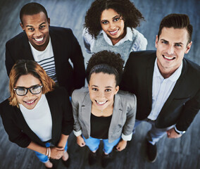 Poster - Above, portrait and business people in office, team and cooperation with mission. Diversity, financial consultant and employees in workplace, about us and collaboration with support and professional