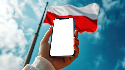 Wall Mural - A woman with a phone in her hand against the background of the Polish flag. A phone mockup for the presentation of a mobile application about travel and tourism in Poland