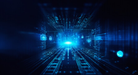 Poster - futuristic blue tunnel with glowing light at the end. digital and abstract perspective view of netwo