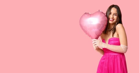 Sticker - Happy young woman with heart-shaped balloon on pink background with space for text. Valentine's Day celebration