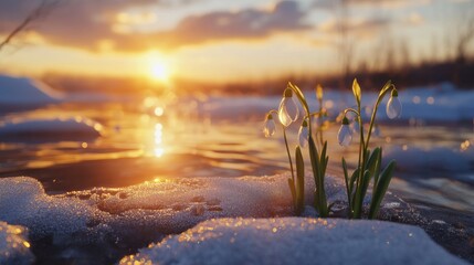 Aufkleber - Snowdrops blooming near melting ice on a riverbank at sunset, tranquil winter transition. Awakening nature concept