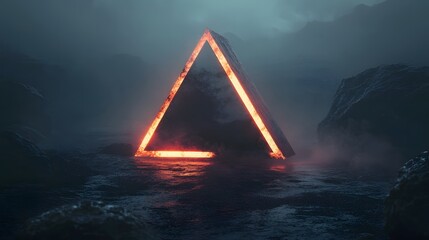 Poster - Futuristic glowing pyramid, abstract neon light emanating from geometric shape in misty atmosphere, perfect for sci-fi themes.