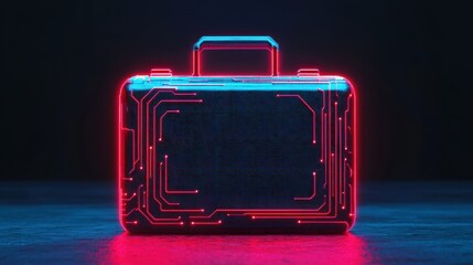 Poster - Futuristic Briefcase with Neon Circuit Patterns and Glowing Edges in Modern Technology Environment