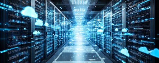 Poster - An advanced cloud infrastructure with futuristic storage units, digital clouds, and highspeed data streams, representing the cuttingedge of server technology and cloud services