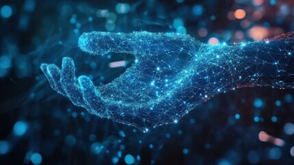 Poster - Futuristic Digital Hand with Glowing Connections and Network of Bright Particles in Dark Background
