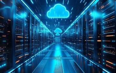 Poster - A conceptual image of advanced cloud services, featuring floating server racks, glowing data streams, and a dynamic, hightech storage environment