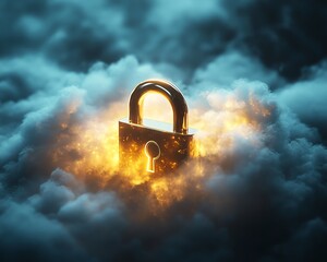 Poster - A conceptual representation of data security, with a golden lock positioned on a white cloud, bathed in soft light, symbolizing the protection of valuable data
