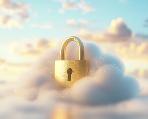 Poster - A conceptual representation of data security, with a golden lock positioned on a white cloud, bathed in soft light, symbolizing the protection of valuable data