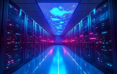 Poster - A cuttingedge server room filled with sleek, futuristic storage units and glowing cloud technology, symbolizing the power and efficiency of modern cloud services