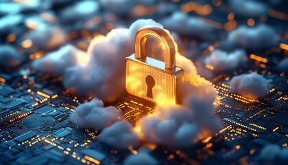 Poster - A golden lock symbol atop a white cloud, surrounded by soft, glowing light, signifying robust data security and the safety of digital assets in the cloud