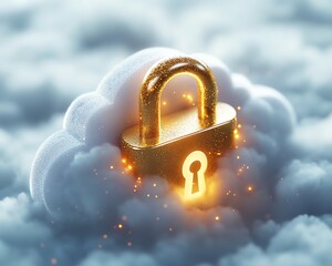 Poster - A golden lock symbol resting peacefully on a white cloud, emitting a gentle light, representing the safe and secure storage of data in the cloud
