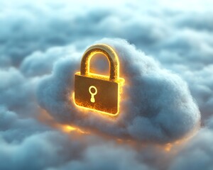 Poster - A golden lock symbol resting peacefully on a white cloud, emitting a gentle light, representing the safe and secure storage of data in the cloud